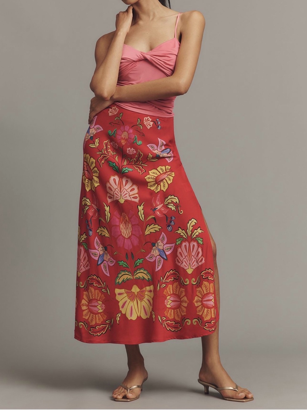 Farm Rio Red Floral Midi Skirt - Elegant Printed Women's Skirt